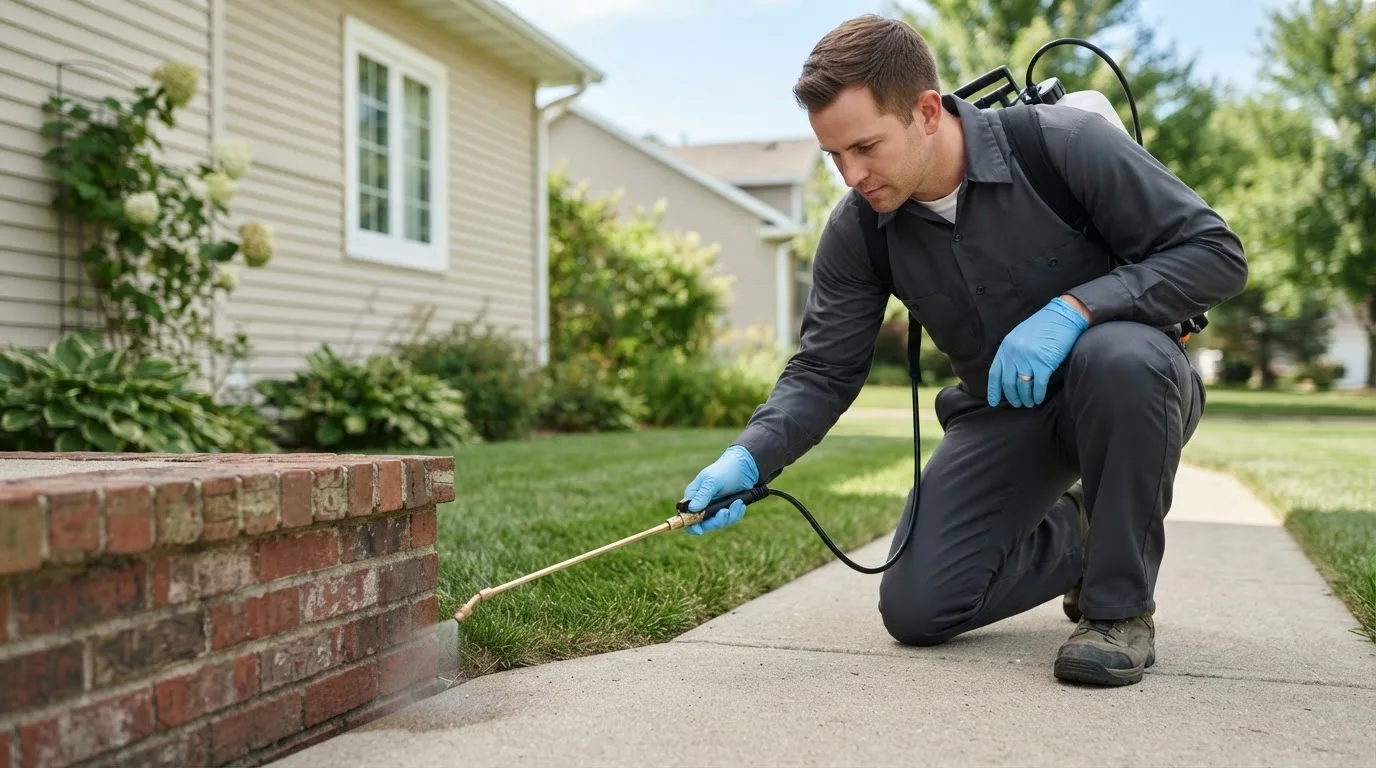 Pest control technician treating a home near Tyonek, AK